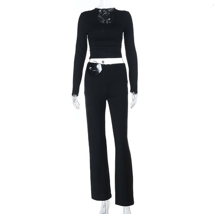 Bodycon Knit Pants Set with Asymmetrical Metal Ring Hardware
