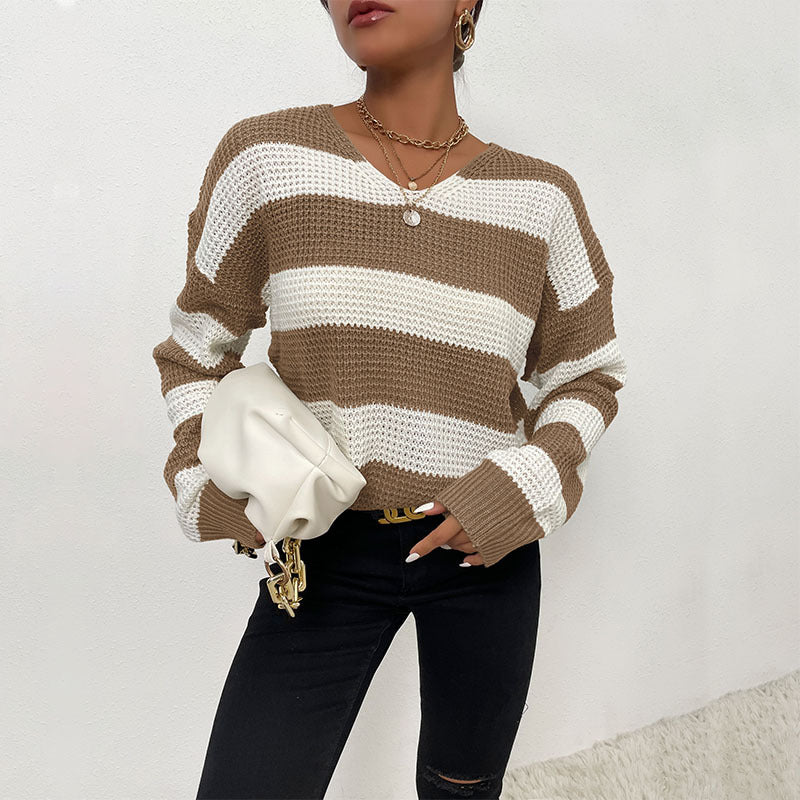 Loose Striped Waffle Knit Sweater with V-Neck