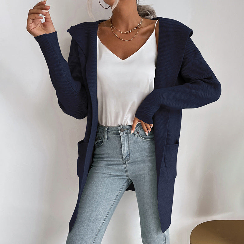 Long Open-Front Cardigan with Hood and Ribbed Knit