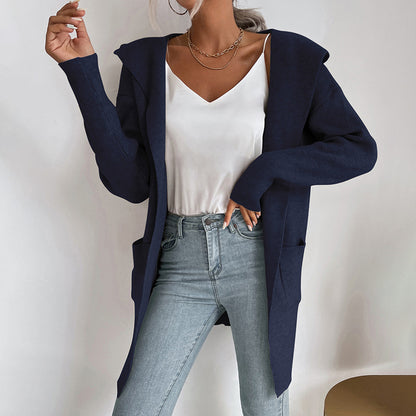 Long Open-Front Cardigan with Hood and Ribbed Knit
