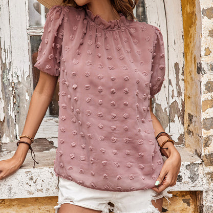 Swiss Dot Blouse with Ruffled Mock Neck and Puff Sleeves