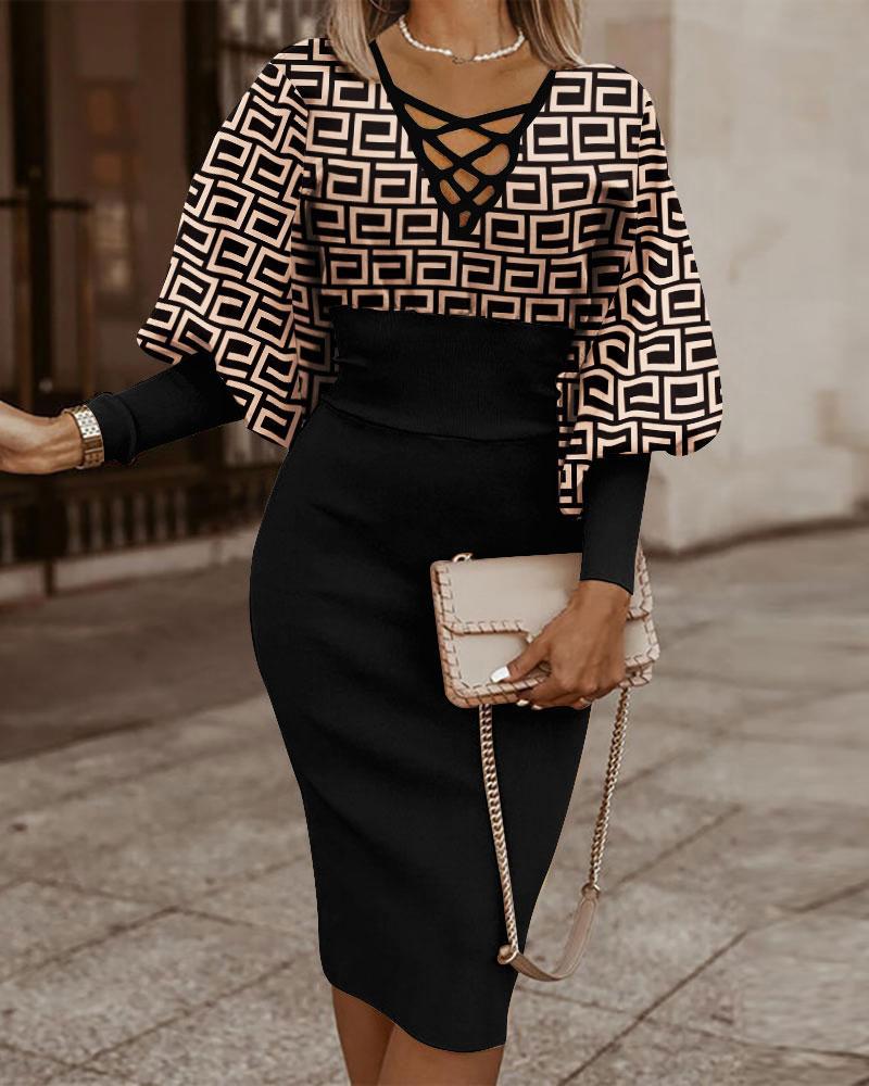 Geometric Print Sheath Dress with Lace-Up V-Neck and Dolman Sleeves