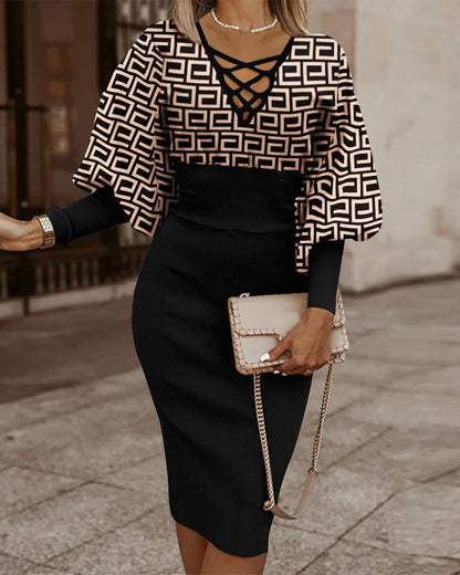 Geometric Print Sheath Dress with Lace-Up V-Neck and Dolman Sleeves
