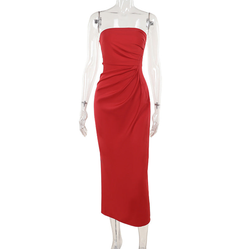 Bodycon Satin Maxi Dress with Strapless Ruched Detail