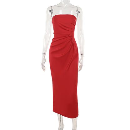 Bodycon Satin Maxi Dress with Strapless Ruched Detail