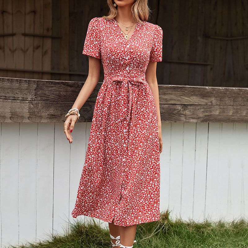 Floral A-Line Midi Dress with V-Neck and Tie-Waist