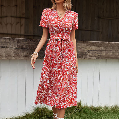 Floral A-Line Midi Dress with V-Neck and Tie-Waist