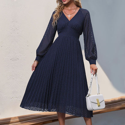 Pleated Midi Dress with V-Neck and Sheer Sleeves
