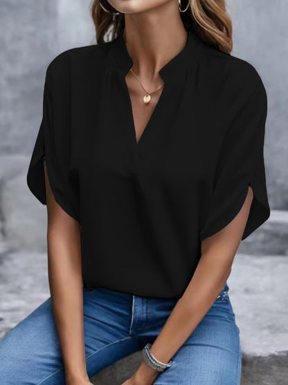 Loose Blouse with Split V-Neck and Slit Short Sleeves