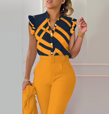 Printed V-Neck Button-Front Blouse with Petal Sleeves