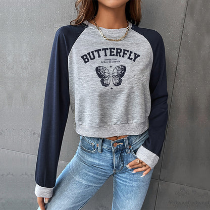 Raglan Cropped Sweatshirt with Butterfly Print