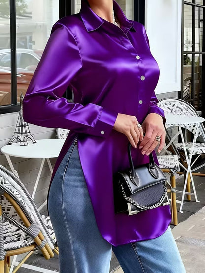 Slim Fit Satin-Look Button-Down Blouse with Split Hem