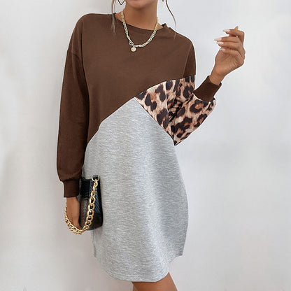 Diagonal Color Block Sweatshirt Dress with Leopard Print