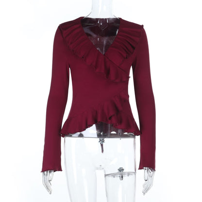 Slim Fit Ruffled Long Sleeve V-Neck Top Solid Color