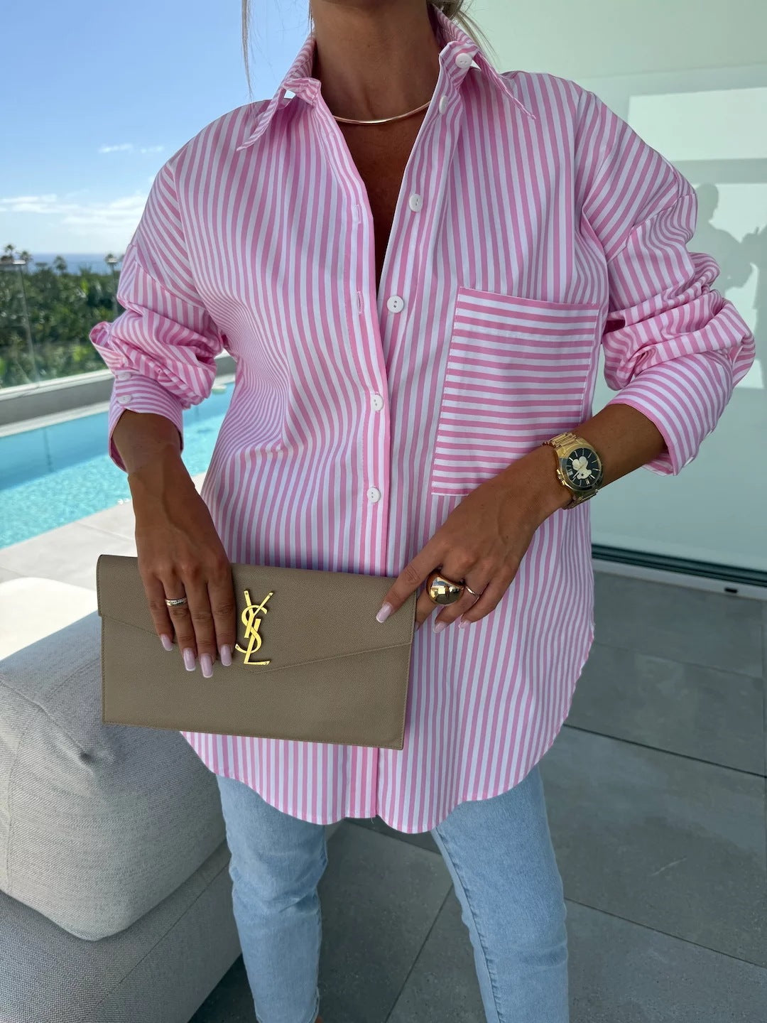 Oversized Striped Button-Down Shirt with Contrast Pocket