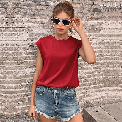 Loose Fit Solid Color Crewneck T-Shirt with Cap Sleeves