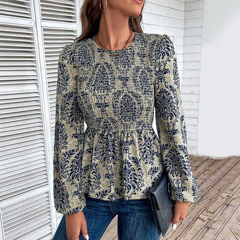 Floral Print Smocked Peplum Top with Long Sleeves