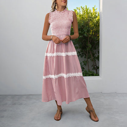 Striped A-Line Midi Dress with Smocked Bodice and Lace Trim