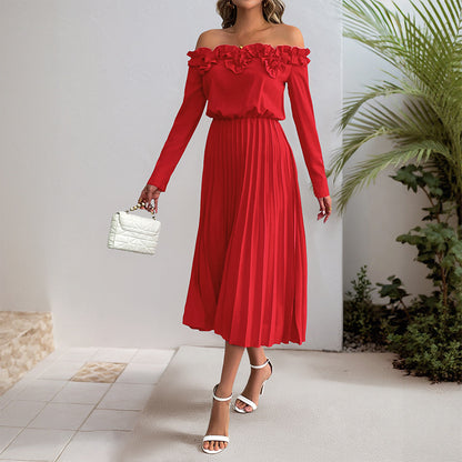 Solid Pleated Midi Dress with Off-Shoulder Ruffle Neckline