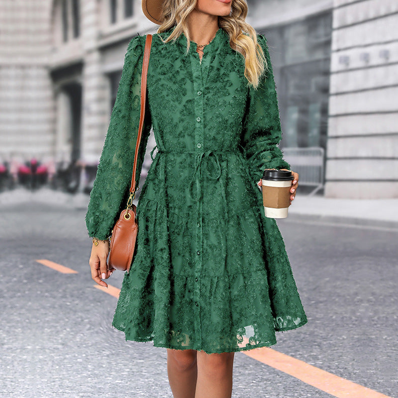A-Line Lace Mini Dress with Stand Collar and Puff Sleeves