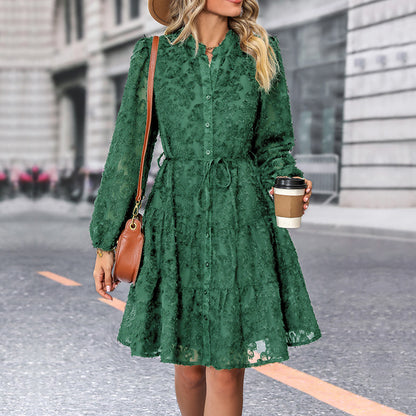A-Line Lace Mini Dress with Stand Collar and Puff Sleeves