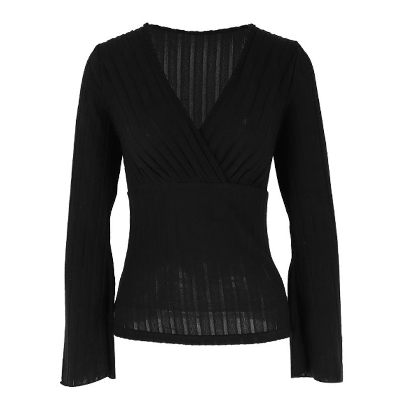 Ribbed Knit Top with Wrap V-Neck and Bell Sleeves