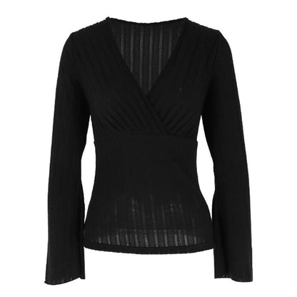 Ribbed Knit Top with Wrap V-Neck and Bell Sleeves