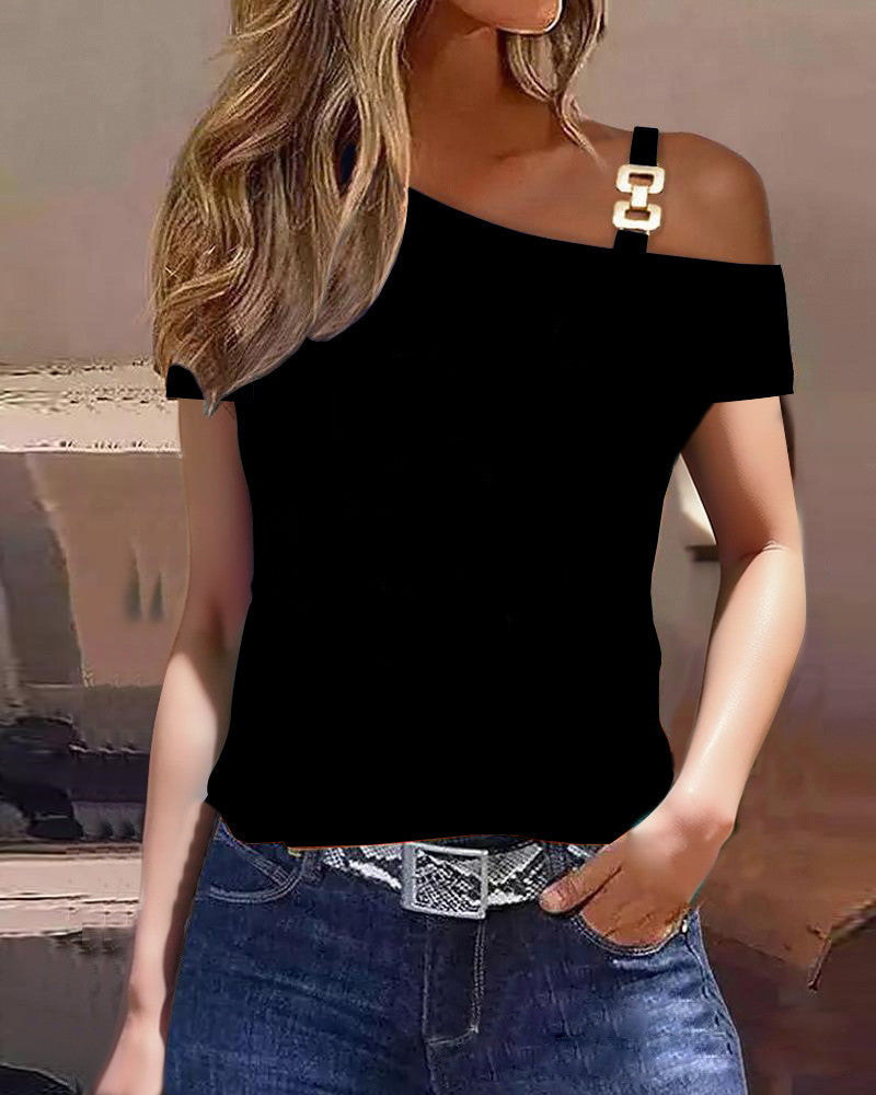 Printed Color Block One-Shoulder Short Sleeve Top with Metal Buckle