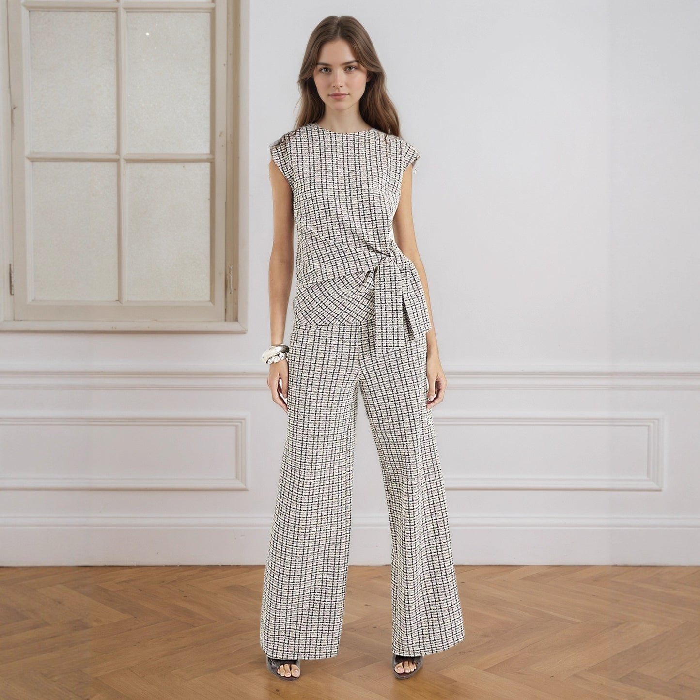 Plaid Two-Piece Set with Tie-Waist and Wide-Leg Trousers