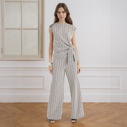 Plaid Two-Piece Set with Tie-Waist and Wide-Leg Trousers