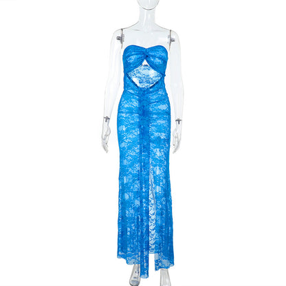 Lace Bodycon Maxi Dress with Cut-Out and High Slit