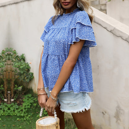Floral Peplum Blouse with Tiered Ruffle Sleeves