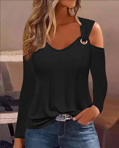 Printed Cold Shoulder Top with V-Neck and Metal Ring