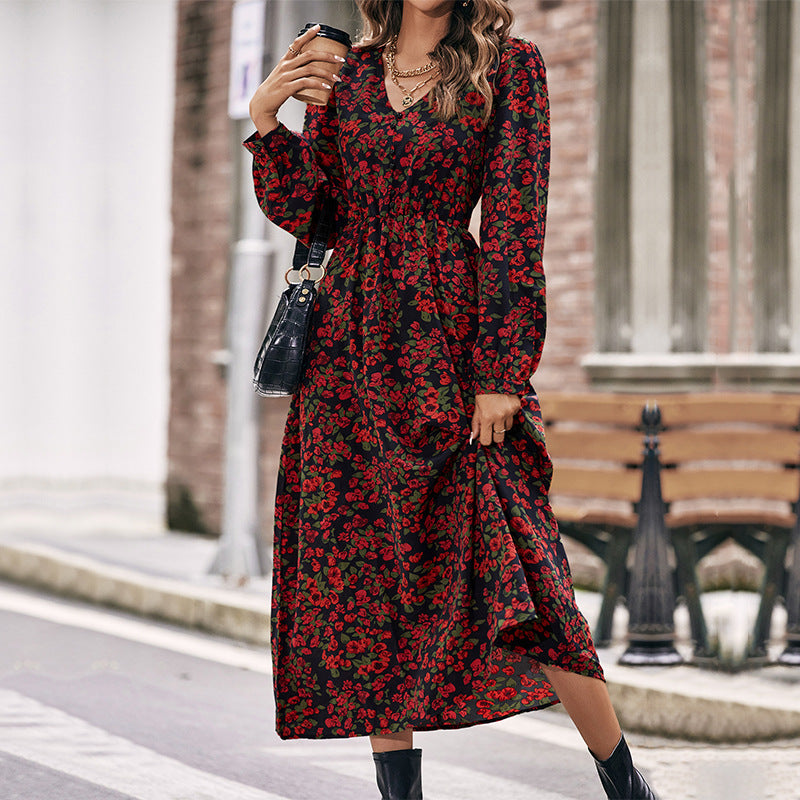 Floral A-Line Midi Dress with V-Neck, Long Sleeves and Shirred Waist