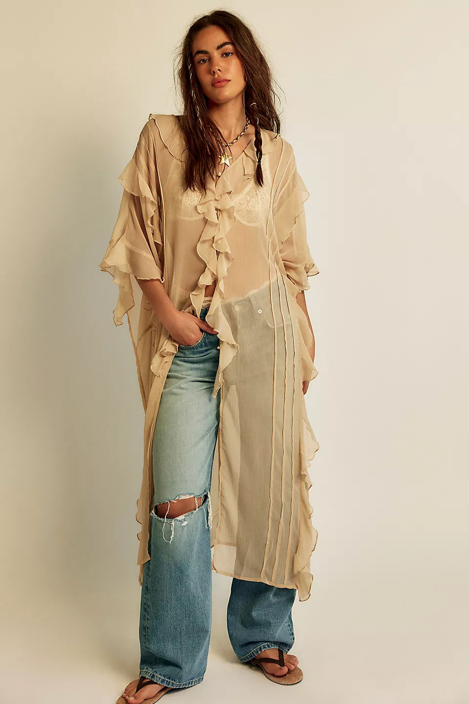 Asymmetrical Ruffled Chiffon Duster with Dolman Sleeves
