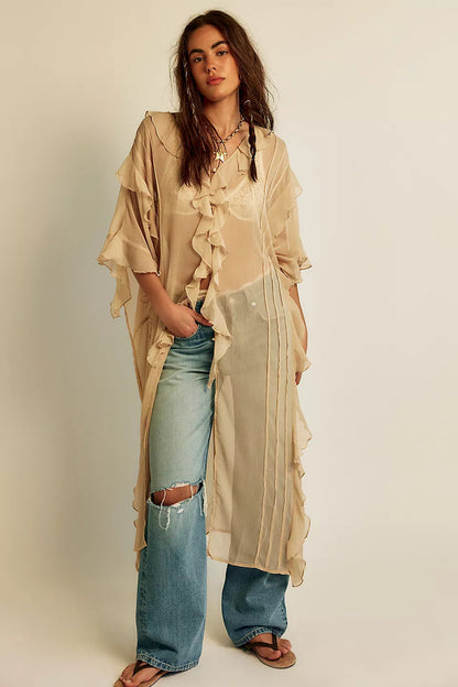 Asymmetrical Ruffled Chiffon Duster with Dolman Sleeves