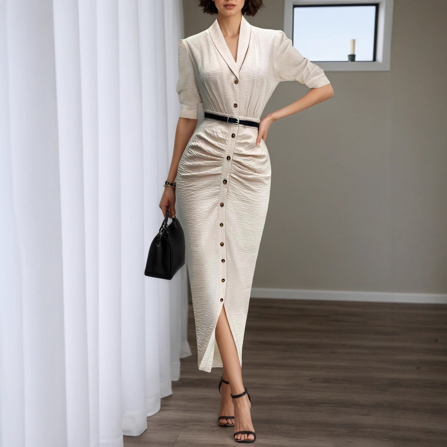 Short-Sleeved Midi Shirtdress with Belt and Ruched Detail