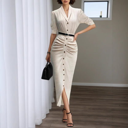 Short-Sleeved Midi Shirtdress with Belt and Ruched Detail