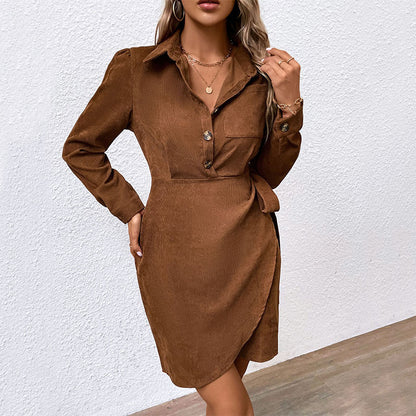 Corduroy Shirtdress with Lapel Collar and Tie-Waist