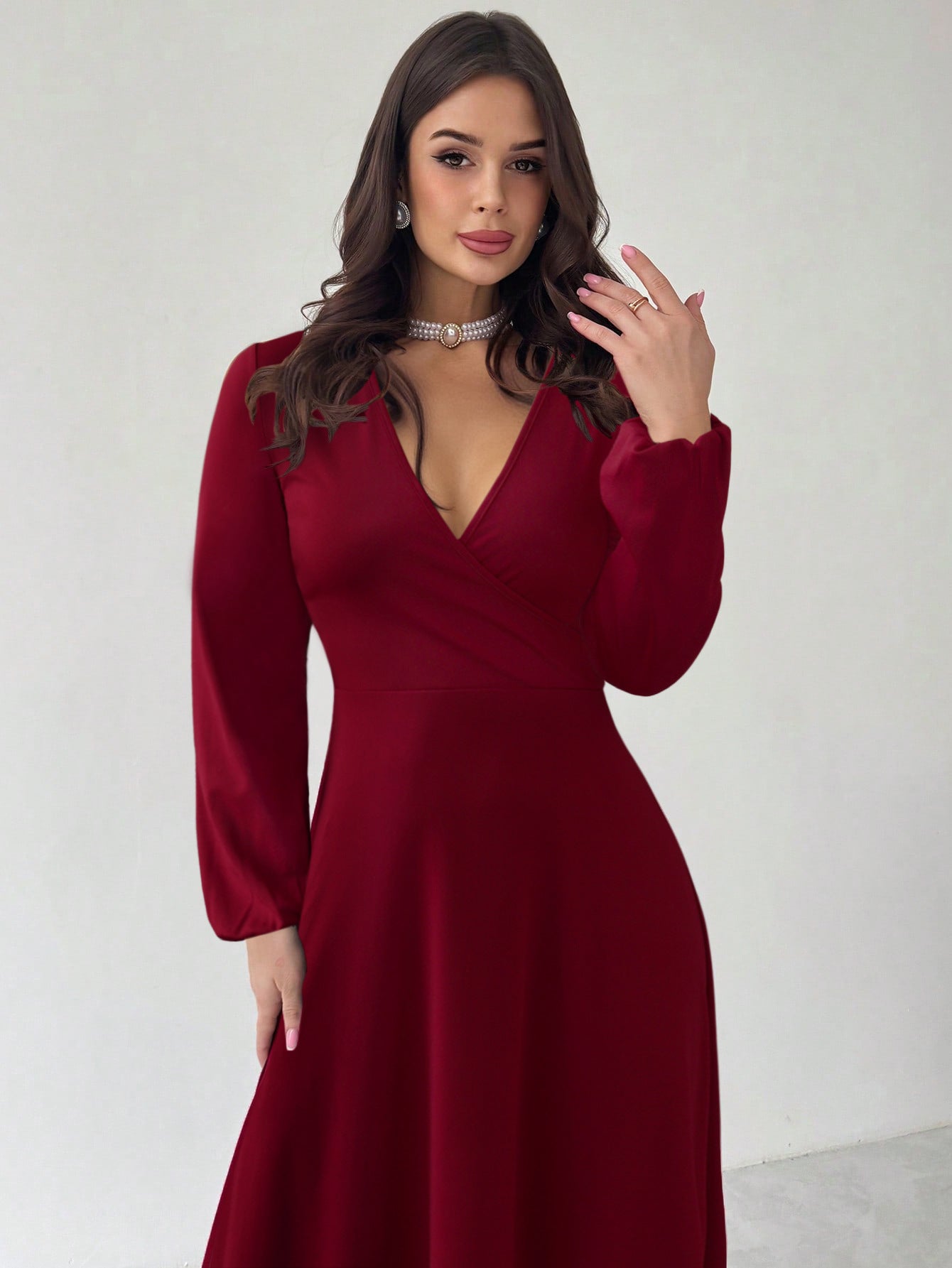 A-Line Maxi Dress with V-Neck and Lantern Sleeves