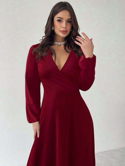 A-Line Maxi Dress with V-Neck and Lantern Sleeves