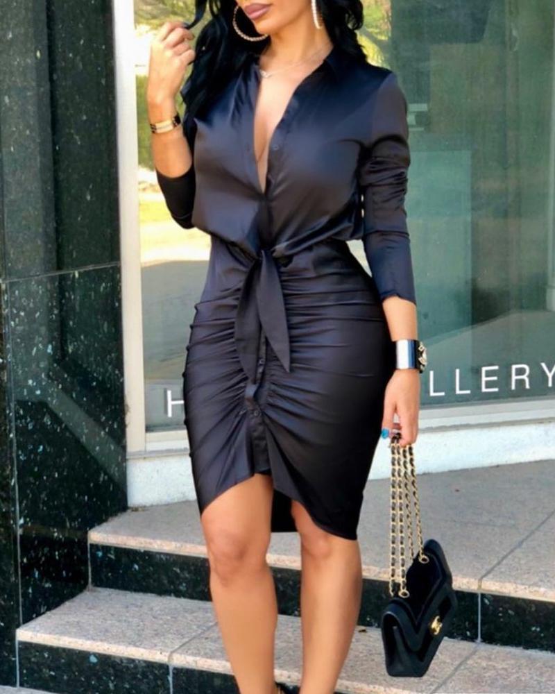 Midi Dress with V-Neck, Tie-Waist, and Ruched Hem