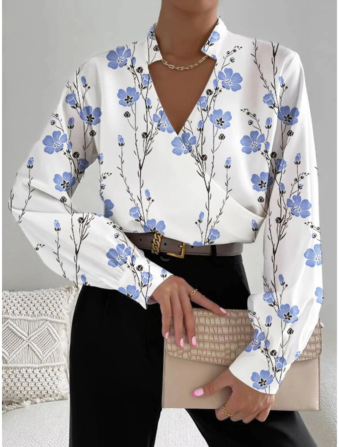 Floral Print V-Neck Blouse with Long Sleeves
