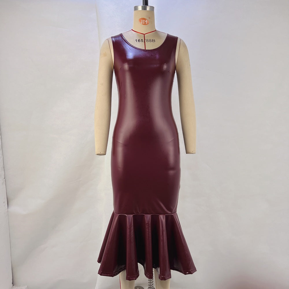 Bodycon PU Leather Midi Dress with Flared Fishtail Hem