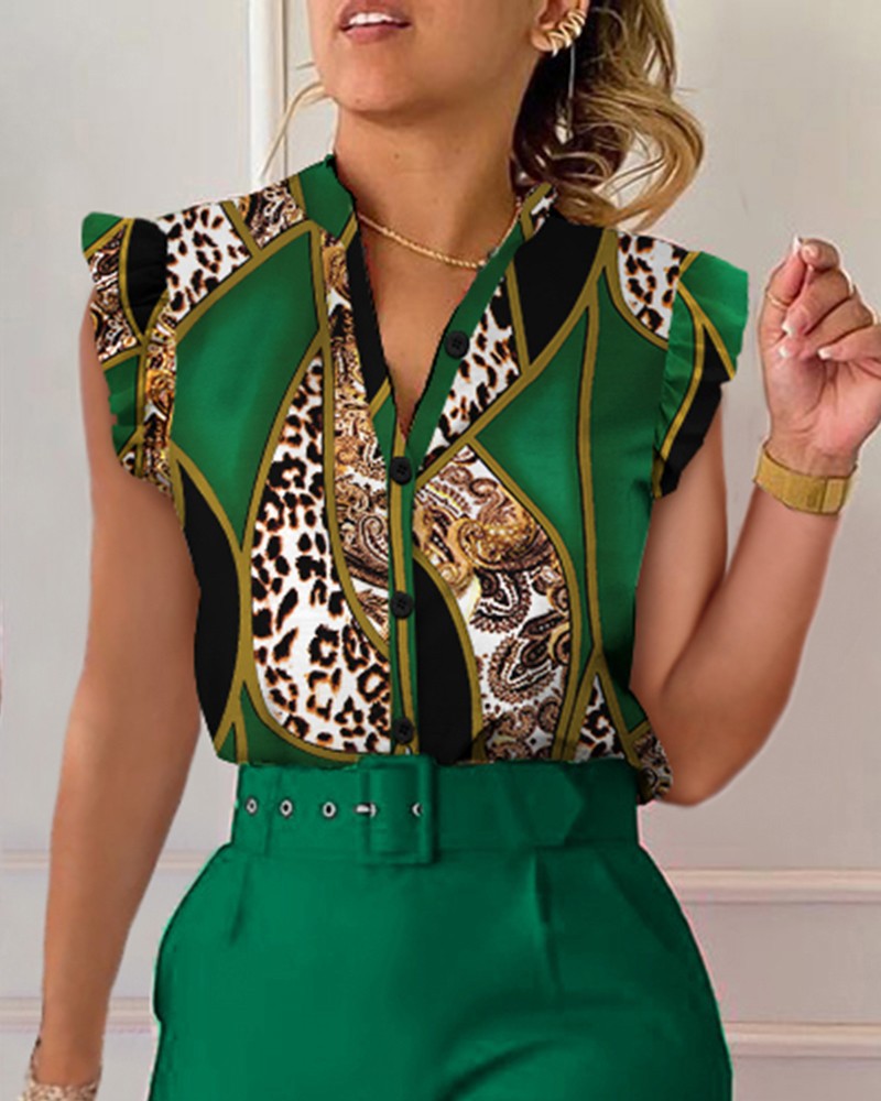 Printed V-Neck Button-Front Blouse with Petal Sleeves