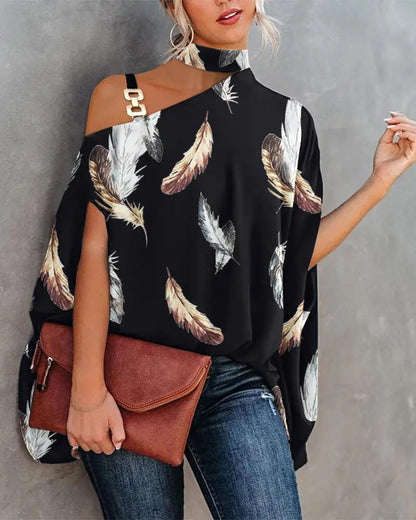 Printed Dolman Sleeve Blouse with Choker Neck and Chain Detail