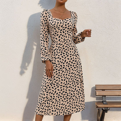 Leopard Print Midi Dress with Square Neck and Slit