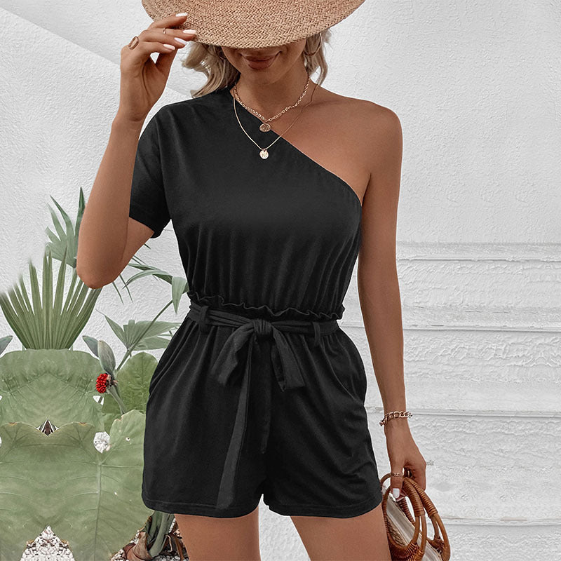 Solid Romper with One-Shoulder and Tie-Waist