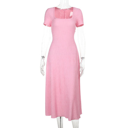 Short-Sleeve A-Line Midi Dress with Square Neck and Slit