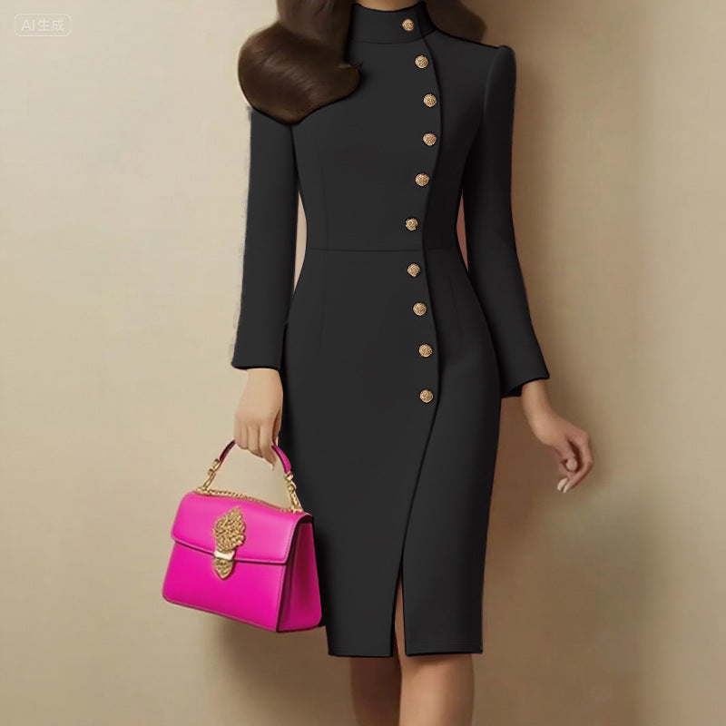 Sheath Midi Dress with Stand Collar, Button Front & Slit